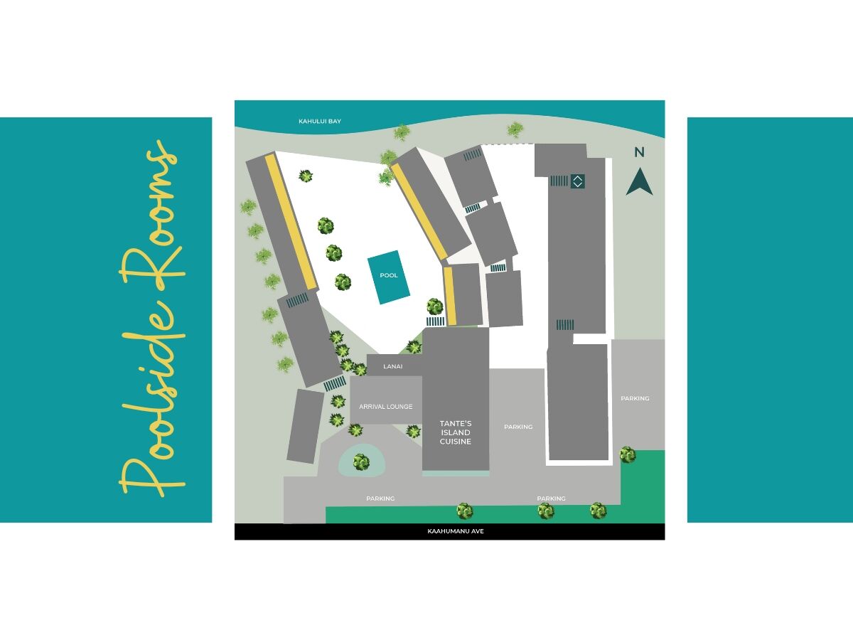 A map showing the layout of "Poolside Rooms" with buildings, a pool, and surrounding areas. The map includes labels for various sections.