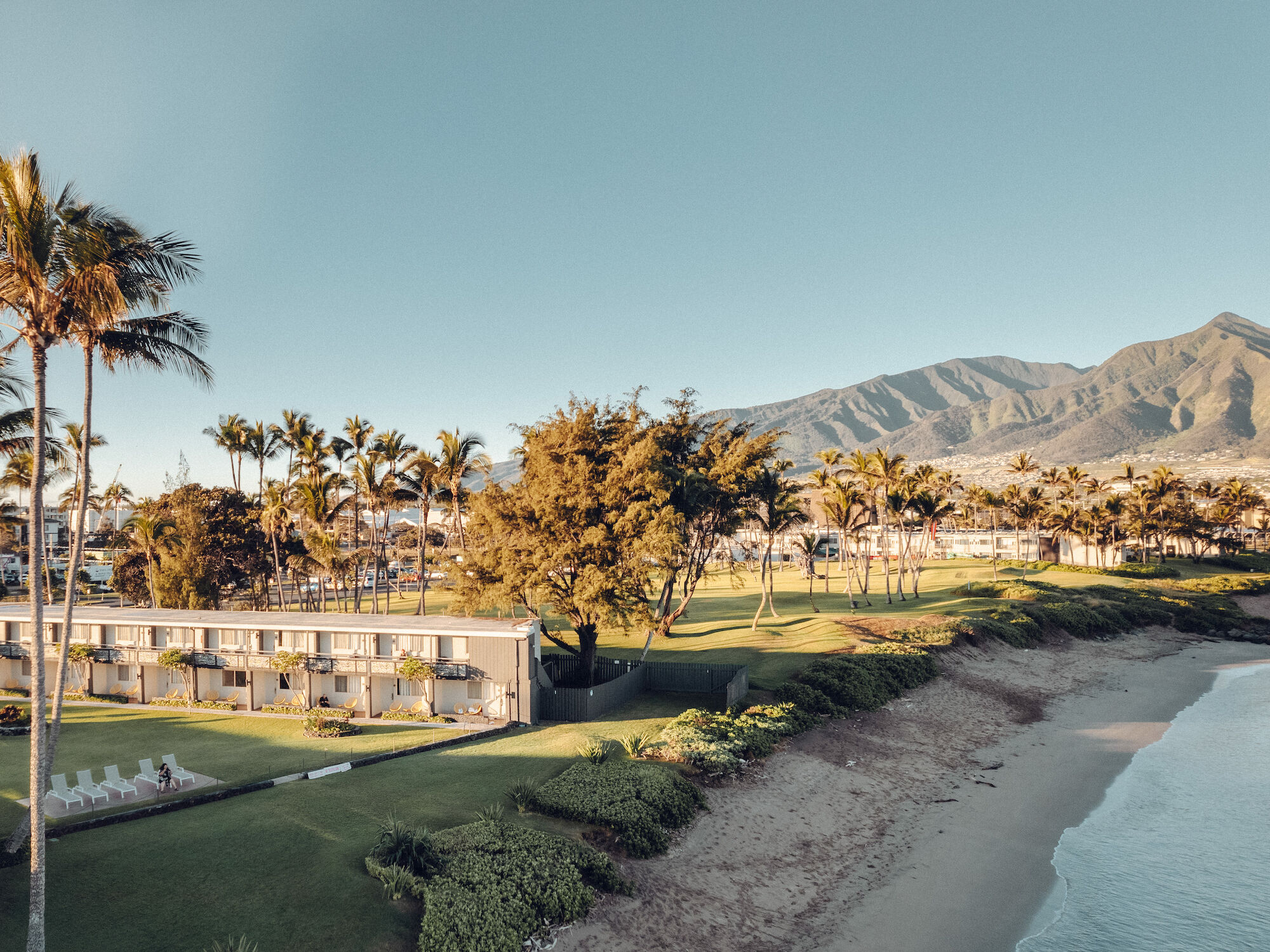 The image shows a coastal resort with palm trees, a building, a sandy beach, and mountains in the background under a clear blue sky, ending the sentence.