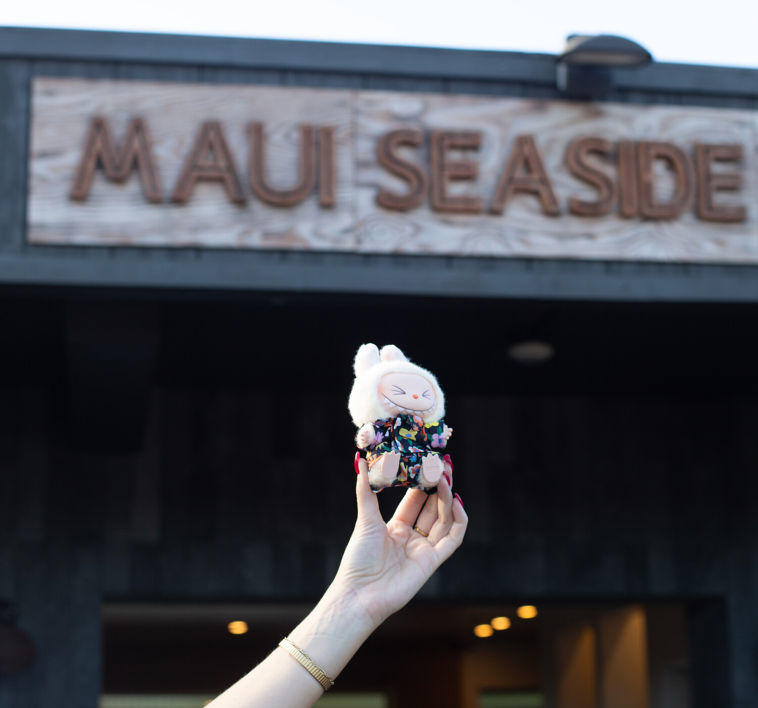 A hand holds an ice cream cone topped with chocolate and sprinkles in front of a building sign reading "Maui Seaside."