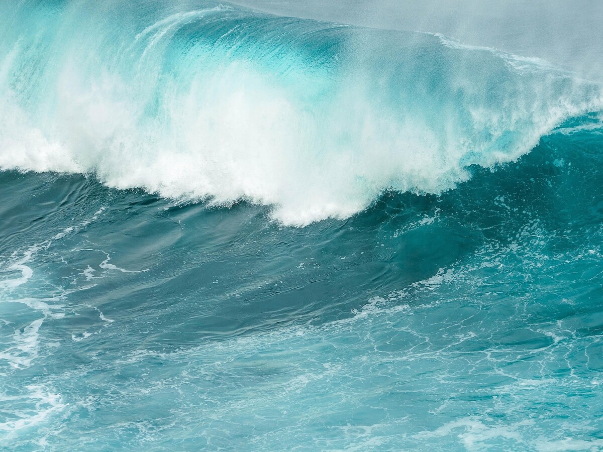 A powerful ocean wave is cresting, with vibrant blue water and white foam, captured in mid-motion during daytime.
