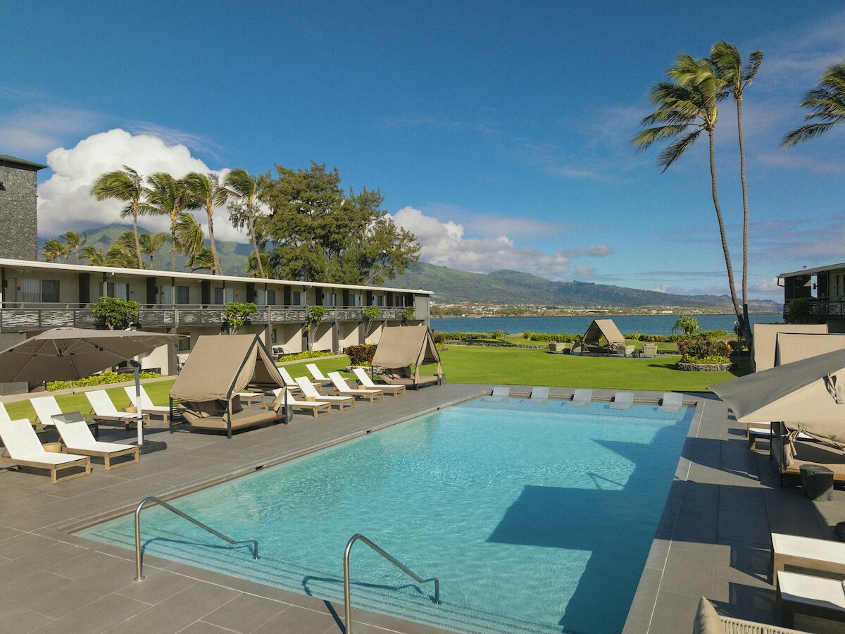 A serene poolside area with lounge chairs and umbrellas, surrounded by palm trees, with a view of the ocean and hills in the background.