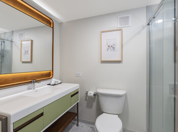A modern bathroom features a large mirror, a sink with a countertop, a wall-mounted artwork, a toilet, and a glass shower enclosure.