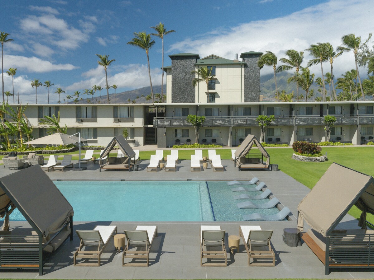 The image shows a luxurious outdoor pool area with lounge chairs, cabanas, and a building, surrounded by palm trees under a blue sky.
