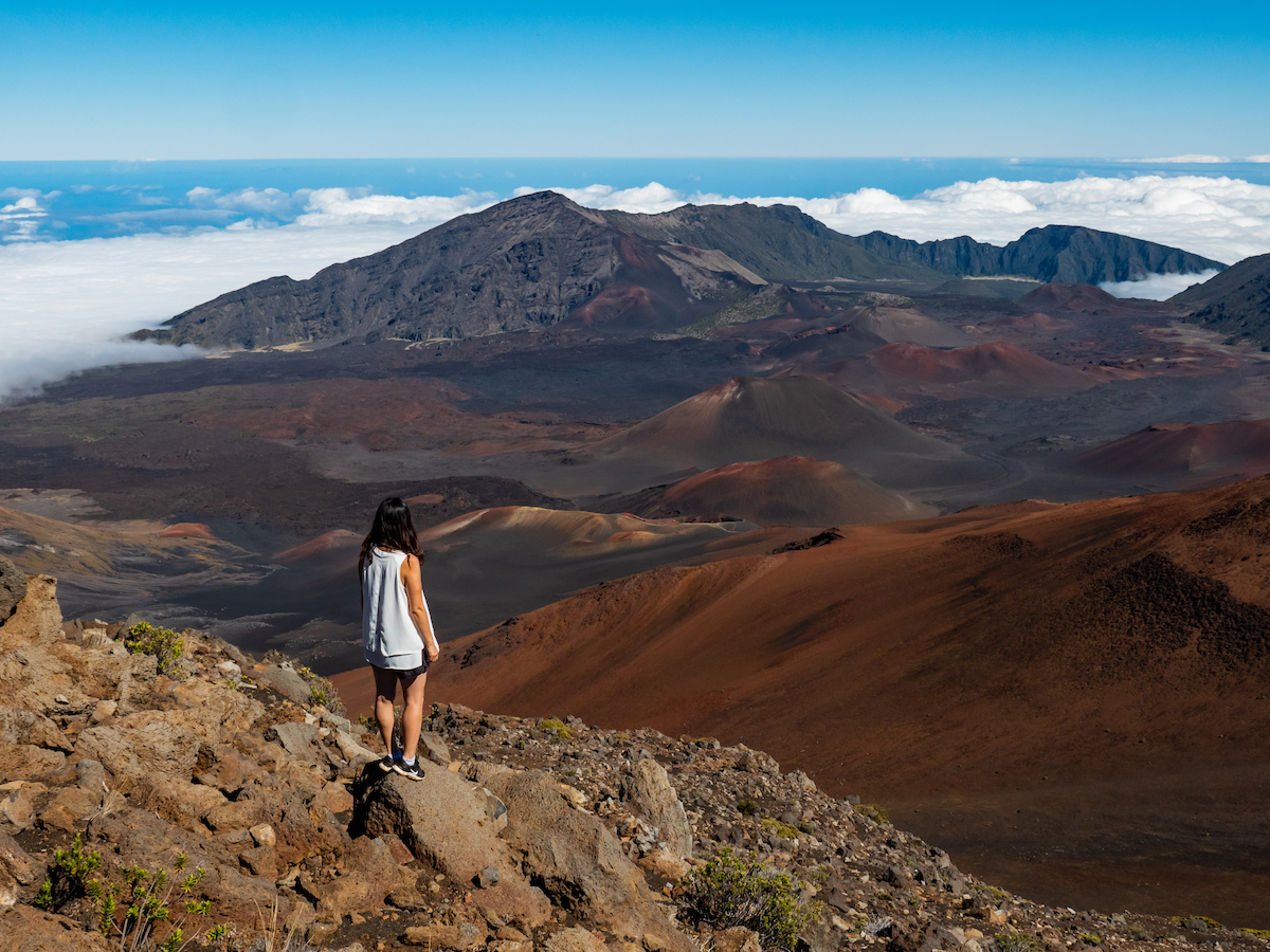 A person stands on rocky terrain, overlooking a vast, colorful volcanic landscape under a clear blue sky.
