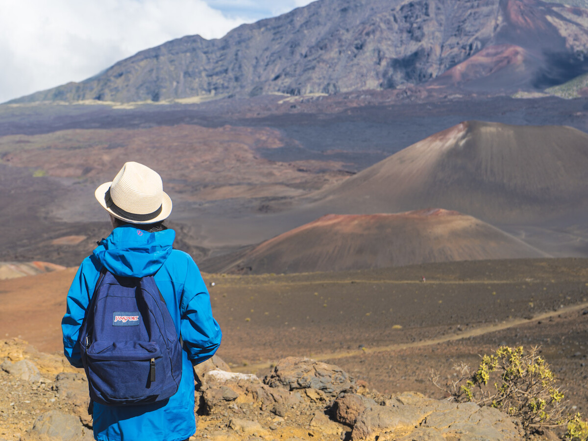 A person in a blue jacket and hat stands with a backpack, overlooking a volcanic landscape and mountains.