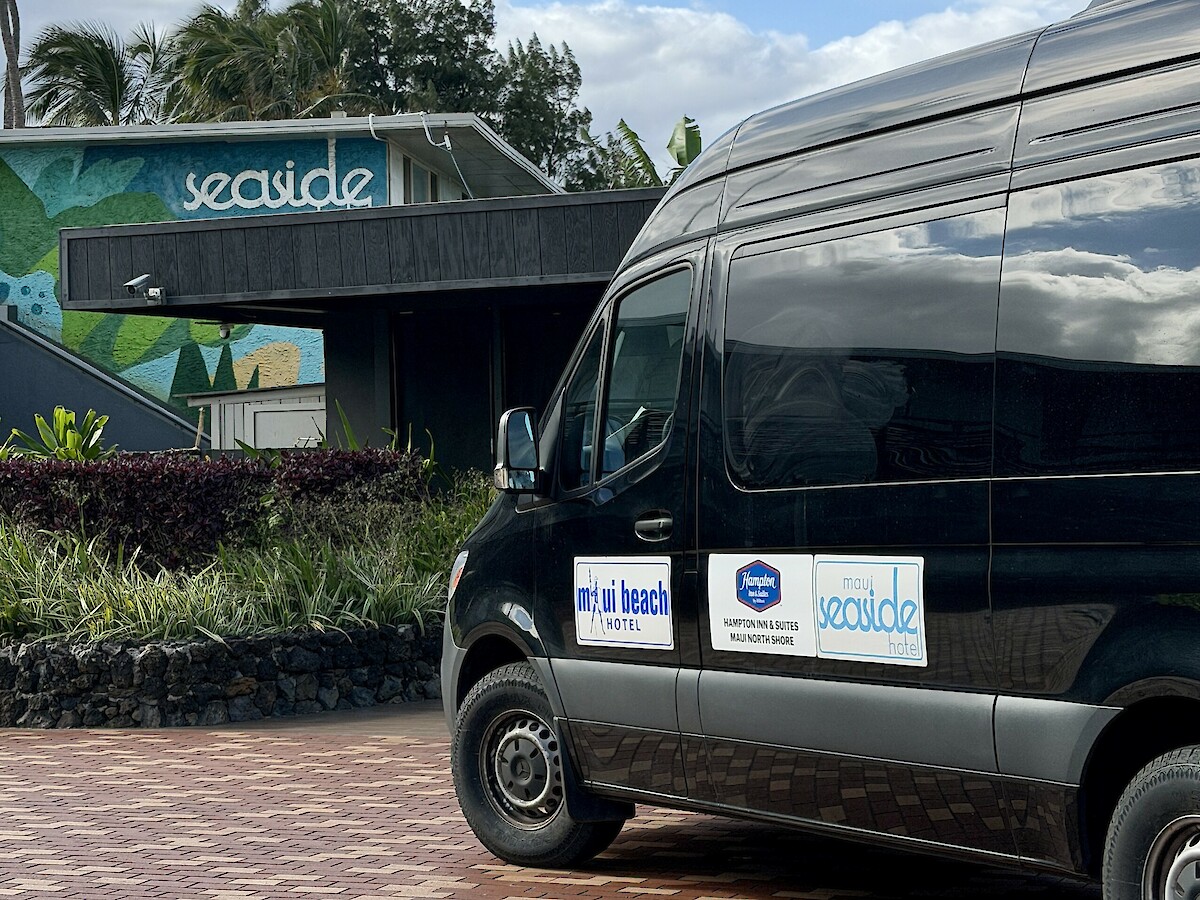 The image shows a black van parked near a building labeled "Société," with palm trees and a partly cloudy sky in the background.