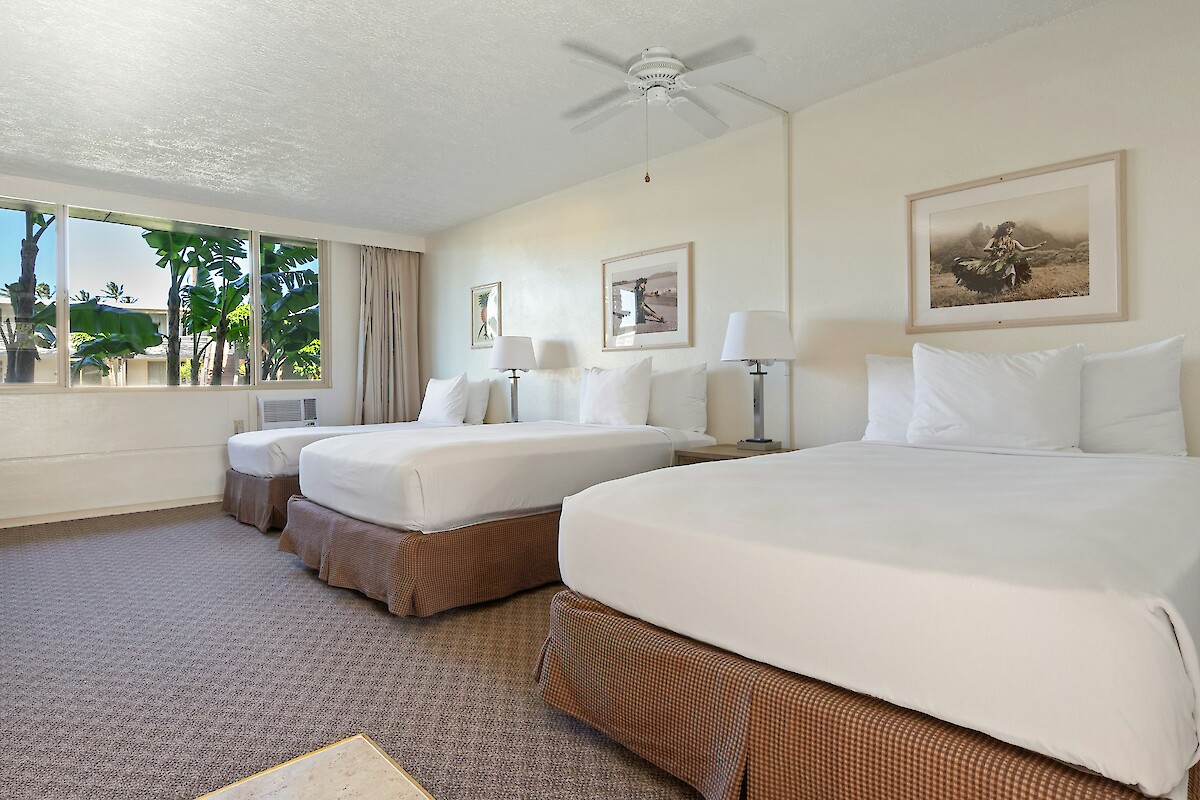 The image shows a hotel room with two large beds, a TV, paintings, lamps, and a window with a view of trees outside.