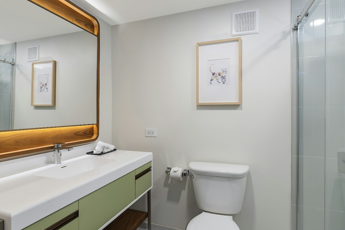 A modern bathroom with a wide mirror, sink, toilet, and a framed picture on the wall. A glass shower enclosure is visible.